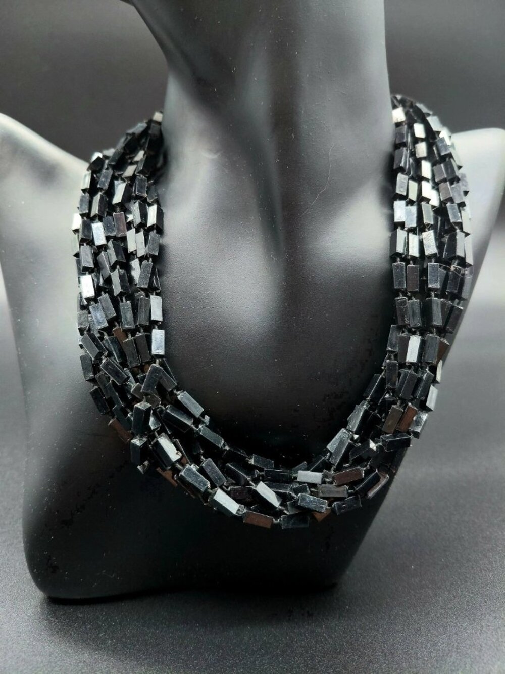 Multi Strand Black Glass Baguette Bead Choker Necklace Costume Fashion Jewelry